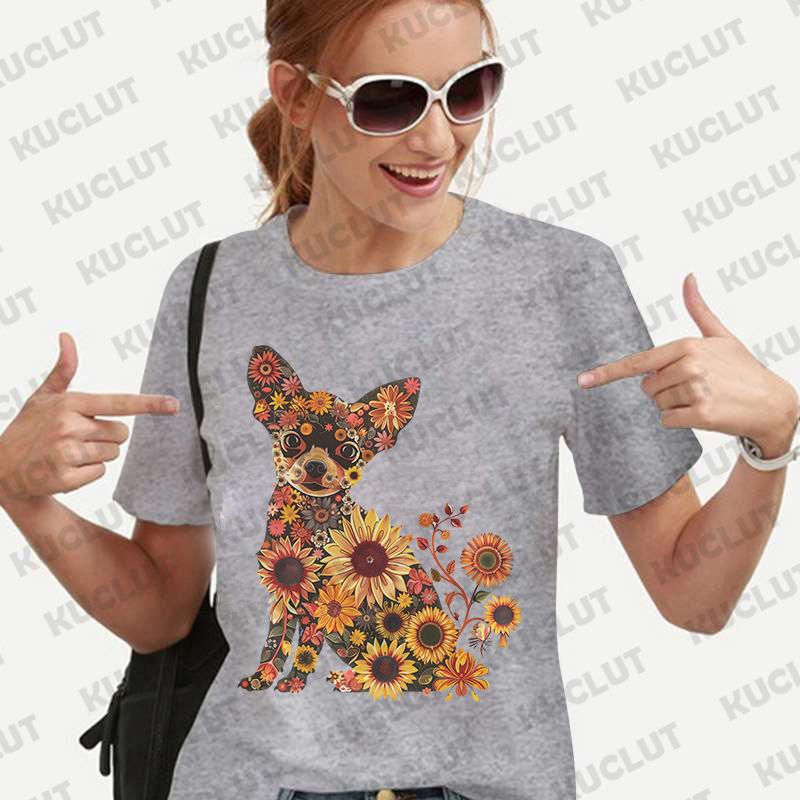 Dámské tričko s květinovým vzorem a čivavou, módní halenka s krátkým rukávem, Harajuku Ulzzang letní Y2k topy, dámské estetické oblečení