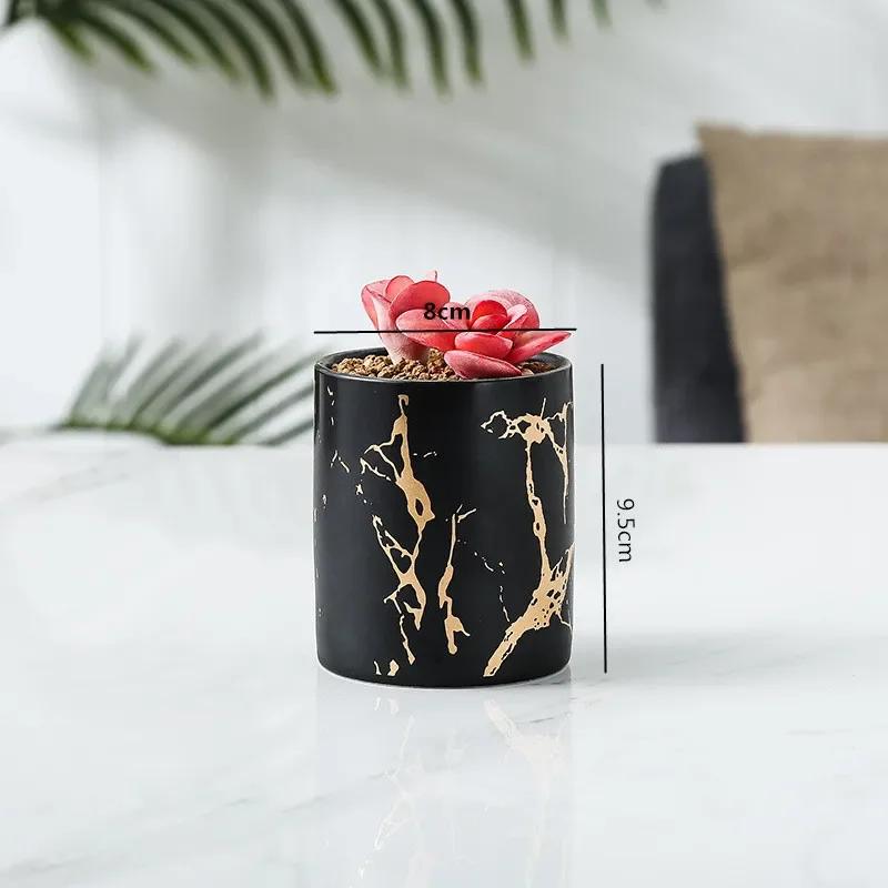 Nordic Ceramic Iron Art Marble Vase Pattern Rose Gold Green Table Plant Pot For Home Office Vases Decor Succulent Flower Pot