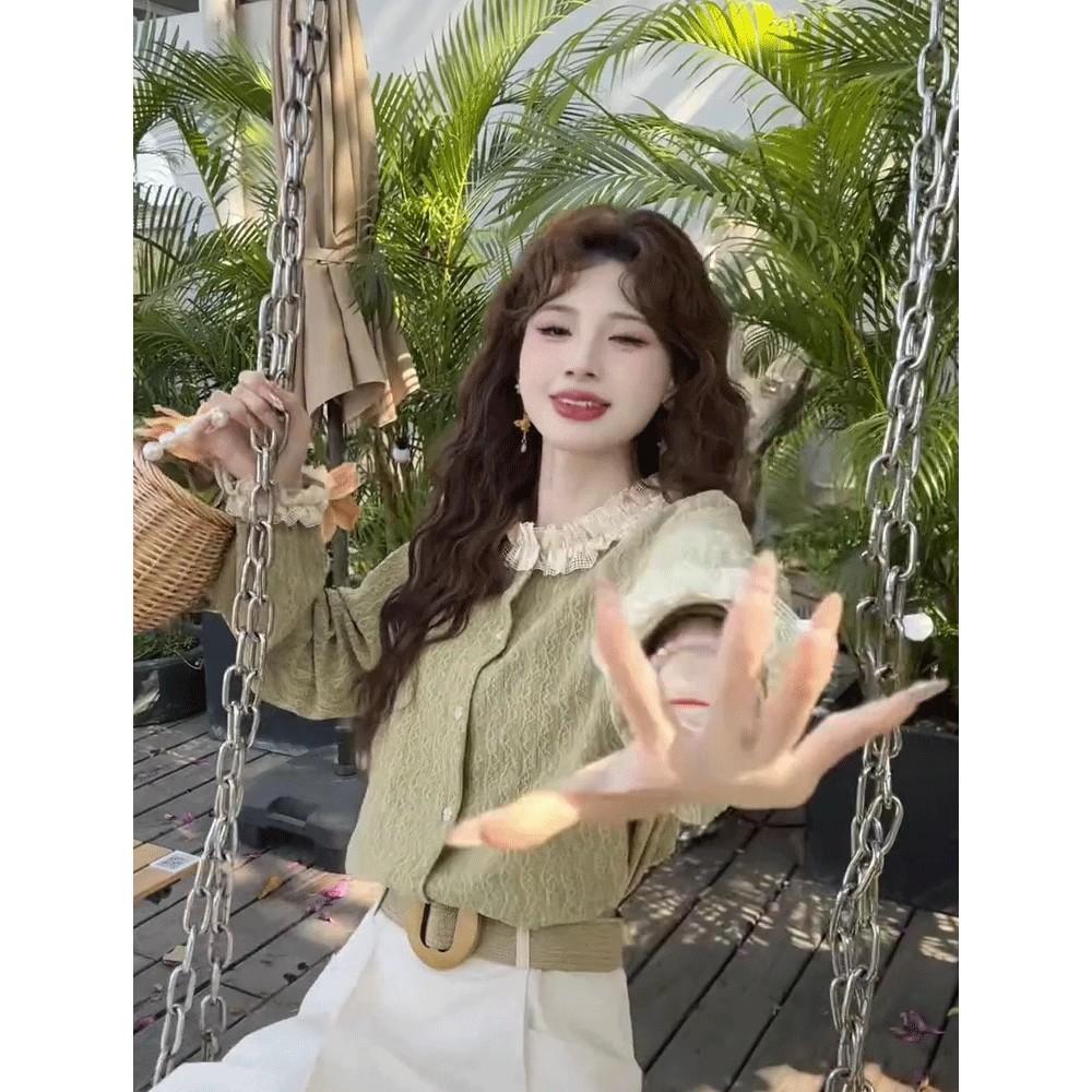 Gentle Sweet Green Pine Tea Hong Kong Style Retro Solid Color Shirt 1116 New Women's Autumn Design Loose and Thin Top