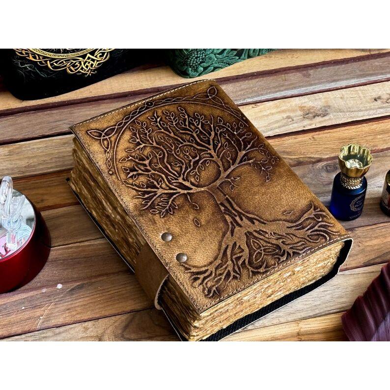Leather Journal seven stone Tree Of Life Notebook blank sketchbook Traveling Notepad deckle edge pepar with 7 Stone For Men Women best gift