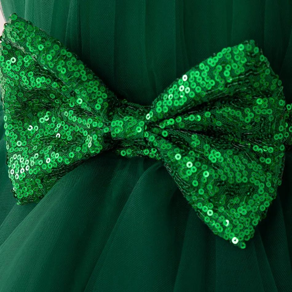 Children Christmas Dress Luxury Girl Christmas Outfits Sleeveless Mesh Bow Tutu Fashions Green Elegant Festive Party Princess Dress