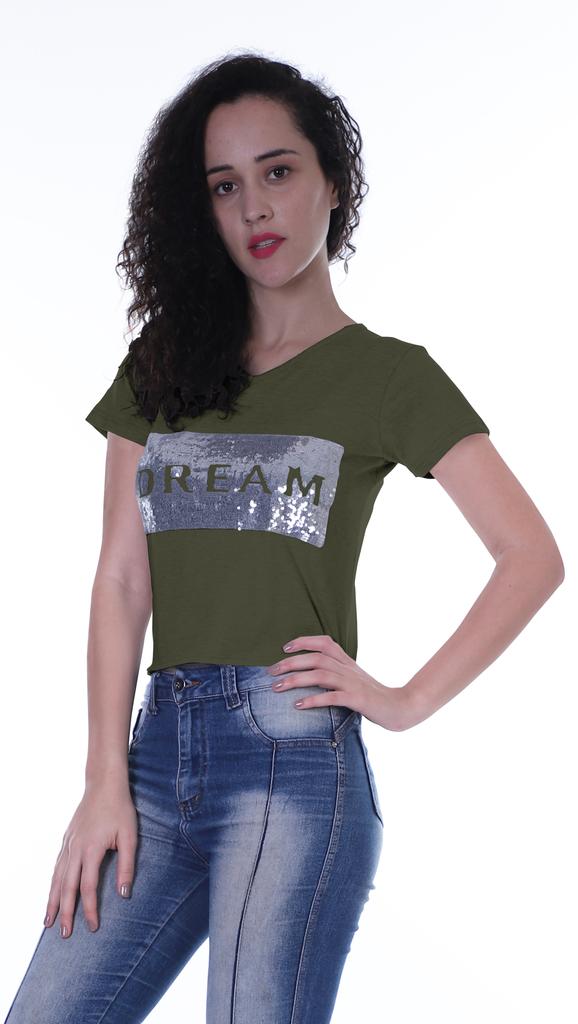 Moomaya Womens Short Sleeves V Neck Tshirt Top w  Sequin Patch ShortTee Summer