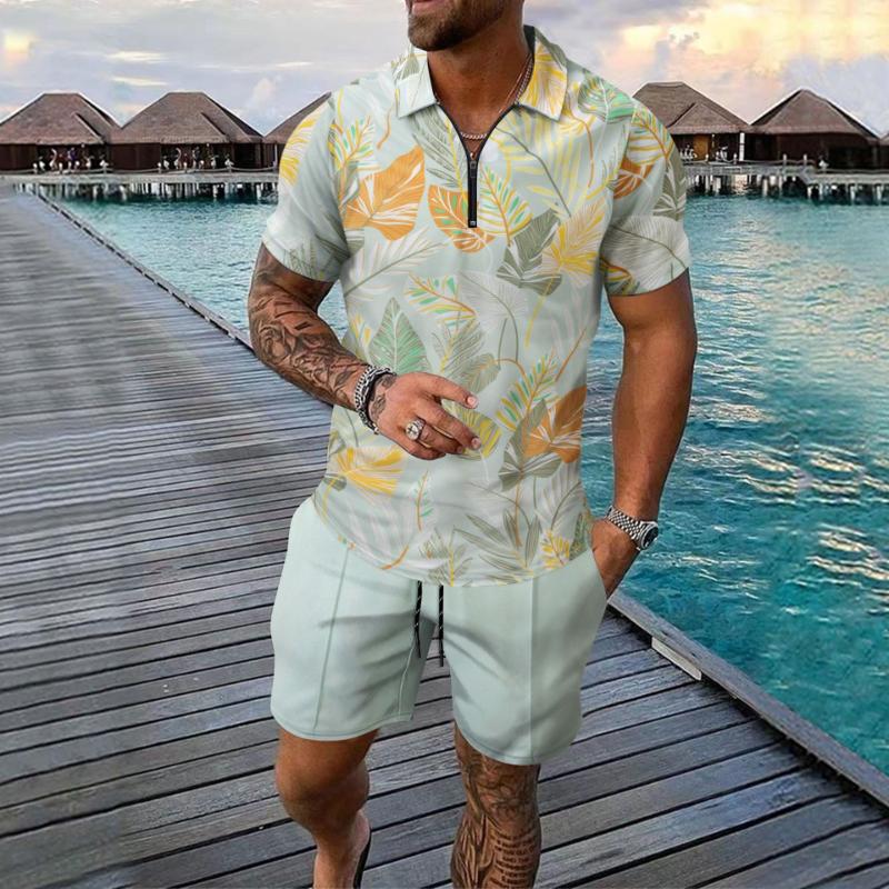 Men's Tropical Print 2-Piece Set Short Sleeve Zip Polo Shirt & Shorts