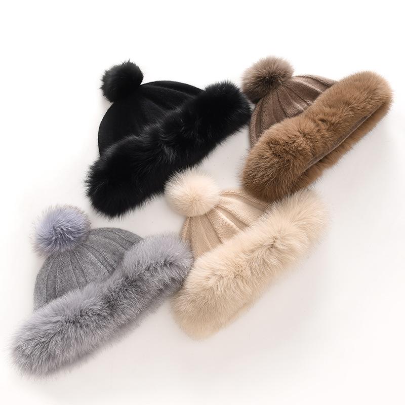 Cashmere thickened octagonal hairball terry hat cold-proof and warm knitted ear protection cashmere hat
