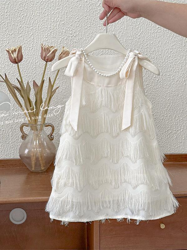 Summer Girls Tassel Spaghetti Strap Dress With Bowknot Princess Party Gown For Baby Toddler Kids 90cm