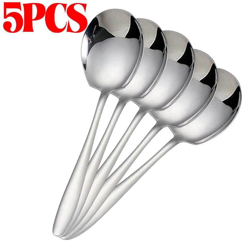 5/1pcs Stainless Steel Spoon Large Round Head Dessert Soup Spoon Home Kitchen Restaurant Cooking Baking Tool Gathering Tableware