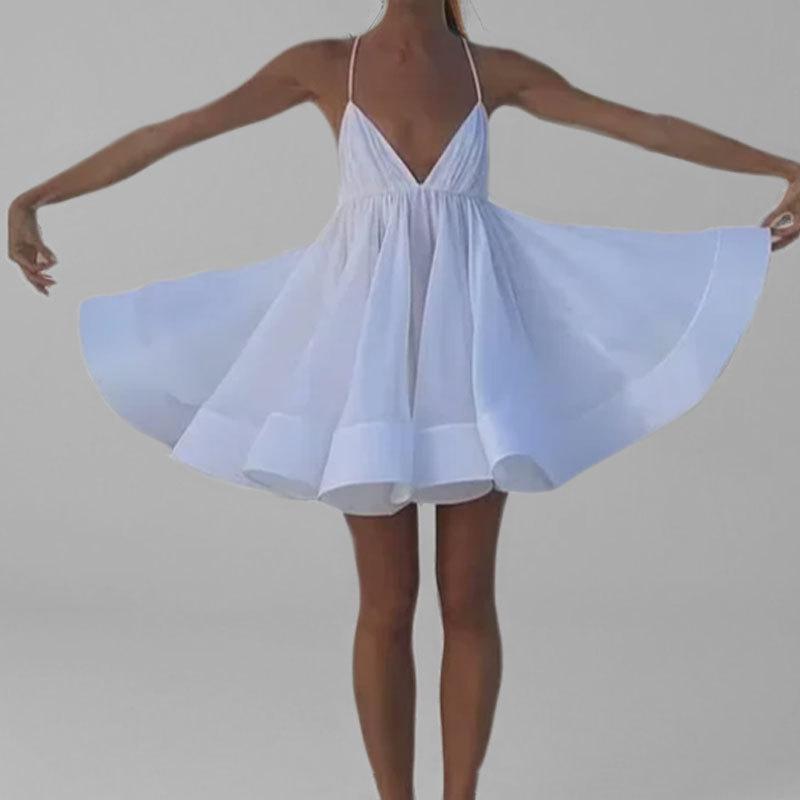 2026 Spring Women s Sexy V-neck Spaghetti Strap Backless Pleated Puffy Dress Large