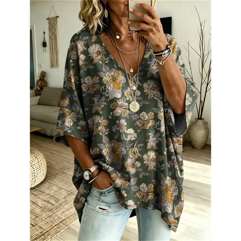 Übergrößen Damen V-Ausschnitt Fledermausärmel T-Shirt Bohemian Ethnischer Druck Lockerer Oberteil Sommer Bequem Atmungsaktiv Tägliches Pendeln Lässig Schlankmachender Stil