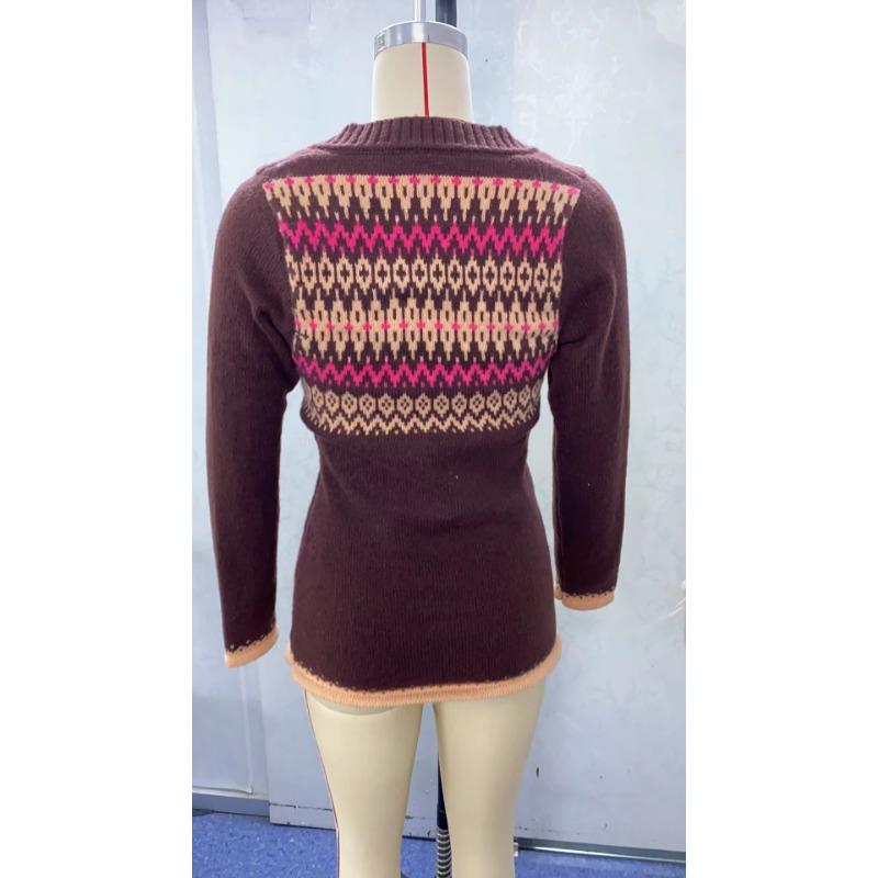 Women's Autumn and Winter Slim Bottoming Colour Blocking Round Neck Long Sleeve Knitting Temperament Sweater