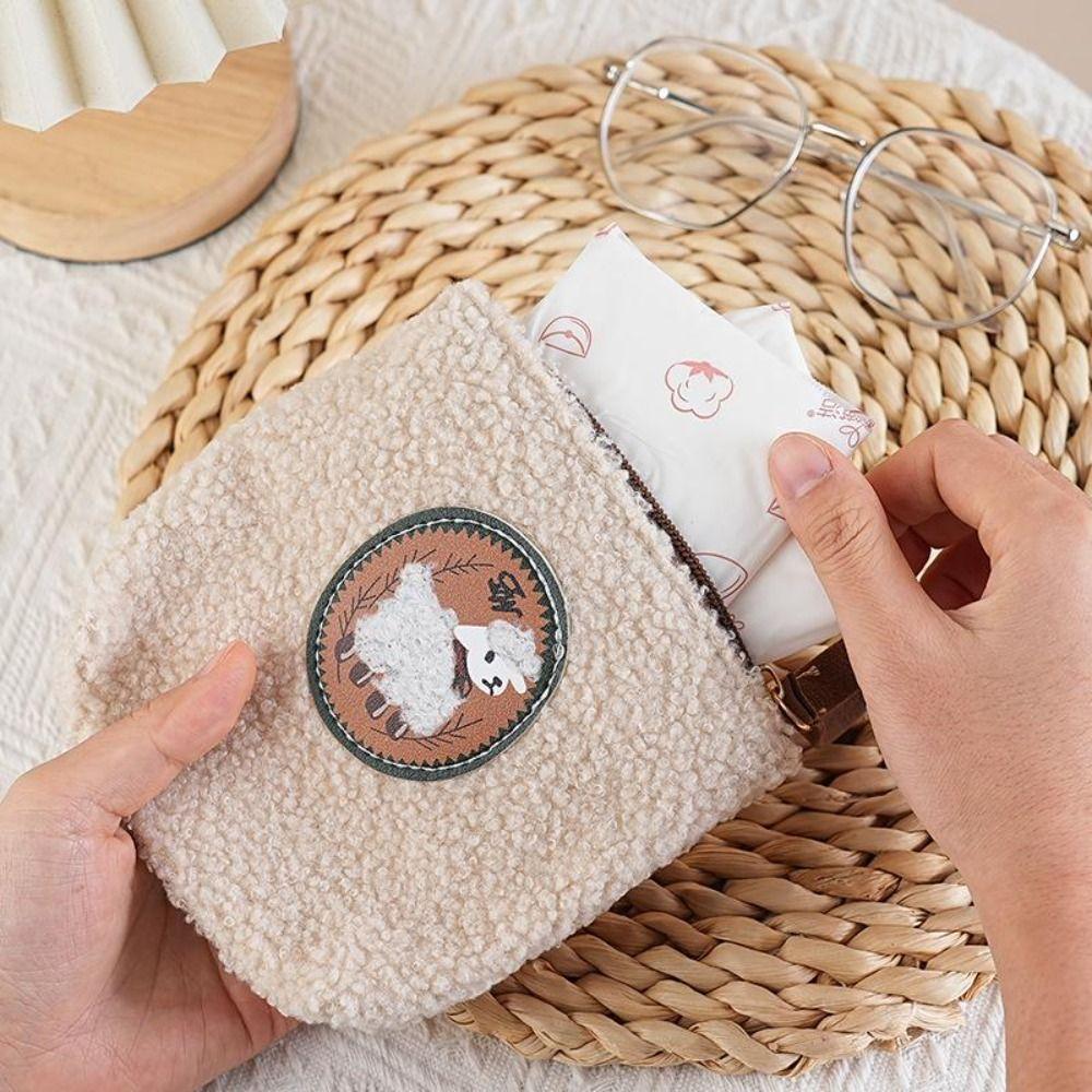 Cute Plush Coin Purse Lamb Mini Earphone Bag Large Capacity with Lanyard Sanitary Napkin Storage Bag