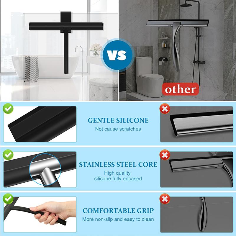 Glass Silicone Wiper Shower Screen Squeegee with Stainless Steel Core Silicone Hook 21/28CM for Shower Doors, Windows