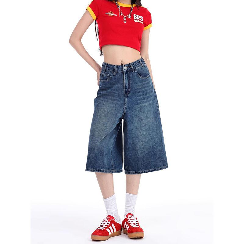 Women's Summer Vintage Simple Casual Denim Capri Pants Female Streetwear Y2K High Waist Loose Straight Wide Leg Jeans Pantalones