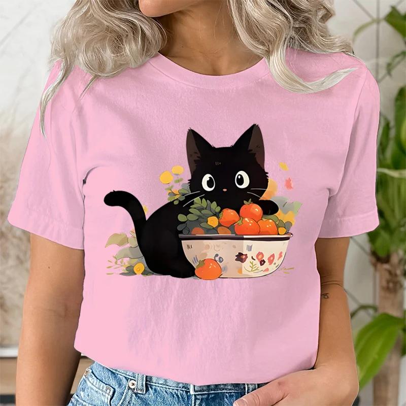 Женская футболка с принтом «Черная кошка и мандарин» — фото 8