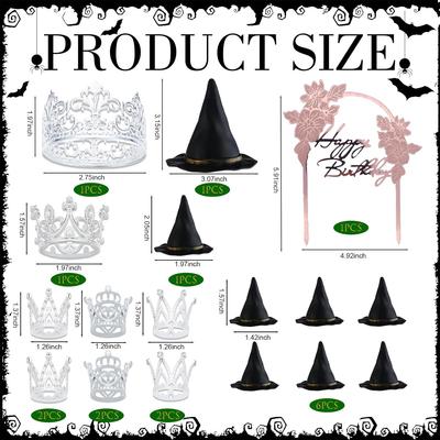 17 PCS Witch and Princess Theme Cupcake Toppers, Mini Witch Hat Silver Alloy Crown for Pink and Green Birthday Party Decorations