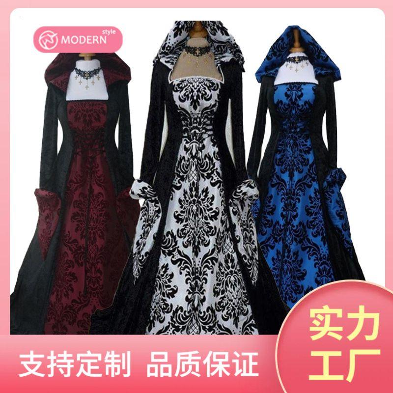 European and American Fashion Hot-Selling Evening Gown, Medieval-Style Hooded Flared Dress, Printed Retro Artistic Long-Sleeve Tie-Waist Dress