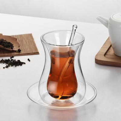 Tazza da tè nero da 150 ml Tazza da caffè con piattino Set di cucchiai in vetro Tazza da acqua per tè e caffè in vetro a doppia parete isolata trasparente