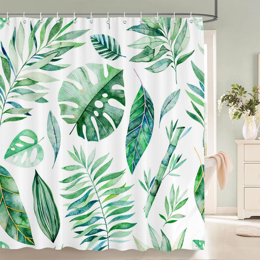 Green Plant Leaves Printed Shower Curtain Waterproof Polyester Curtain With Hook Decoration Bathroom Curtain 3D Shower Curtains