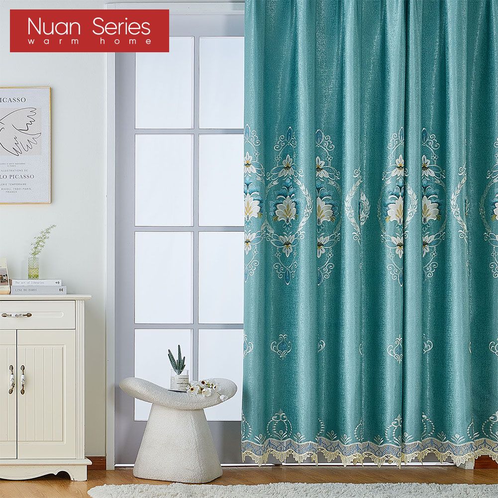 1PC Exotic Luxury Semi Blackout Blue Embroidered Blackout Curtains for Living Room Bedroom Home Decor Nuan Series