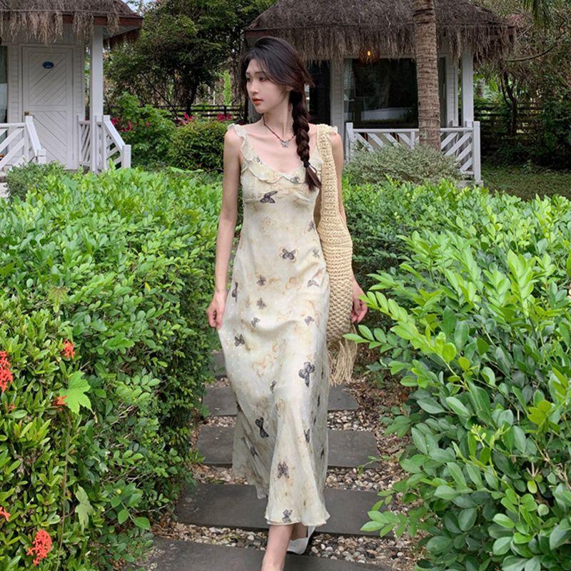French lotus leaf edge gentle summer dress new printed butterfly floral sleeveless slim and thin suspender dress