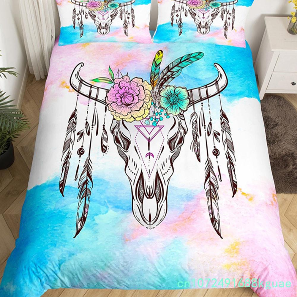 Farm Animal Duvet Cover Set Single King Queen Bohemian Mandala Bedding Set Microfiber Deer Bull Head Cow Skull Comforter Cover