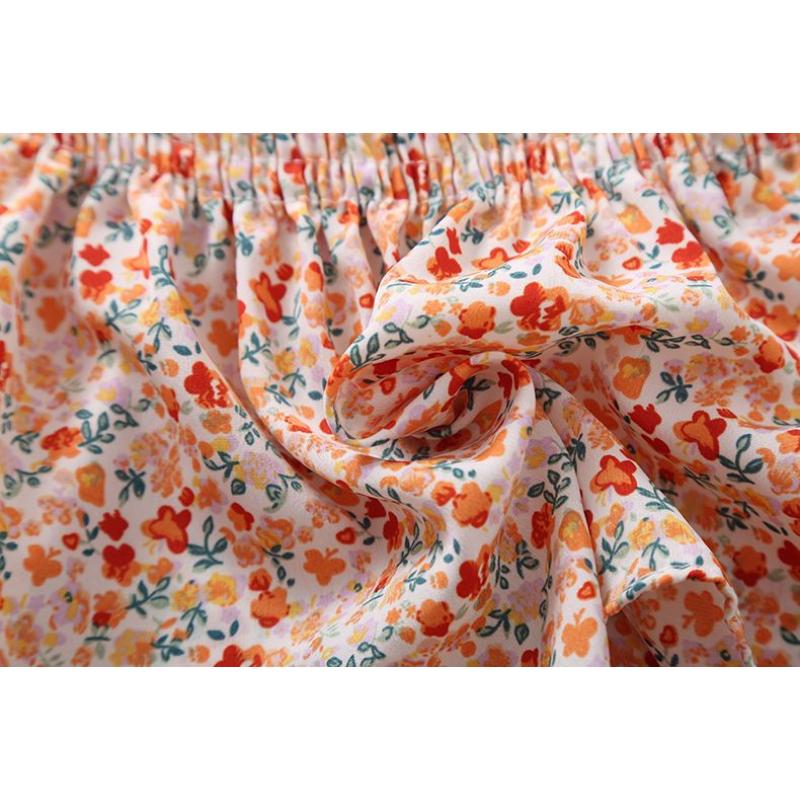 Broken Flower Sweet Puff Sleeve Women Blouse Slim Elastic Waist Square Neck Short Sleeve Top Lace Bow Decoration Fairy Casual