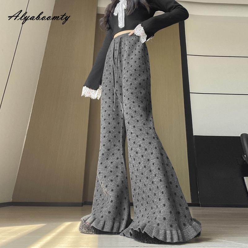 Elegant Fashion Autumn Winter Women Flare Pants High Waist Black Gray Polka Dot Knitted Trousers Feminine Ruffles Sweet Knitting Pants