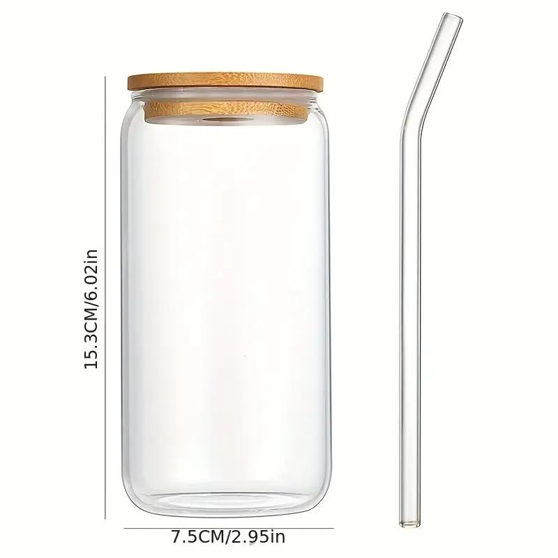 Reusable Glasses with Bamboo Lids and Glass Straw Beer Can Shaped Drinking Glasses Iced Coffee 2 Cleaning Brushes 17oz 4Pc Set