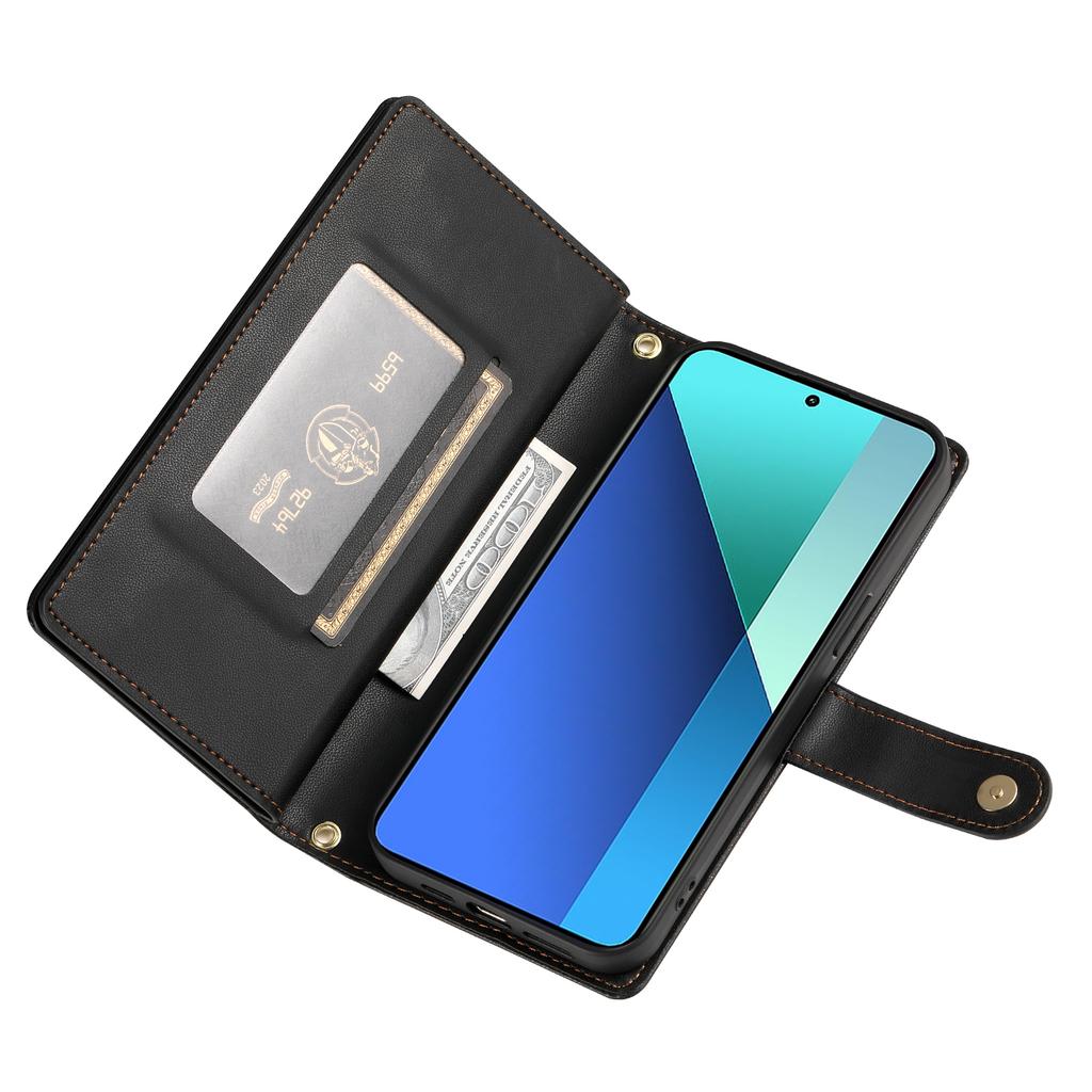 DF-011 For Xiaomi Redmi Note 13 4G Leather Case Zipper Phone Cover with Hand Strap/Shoulder Strap