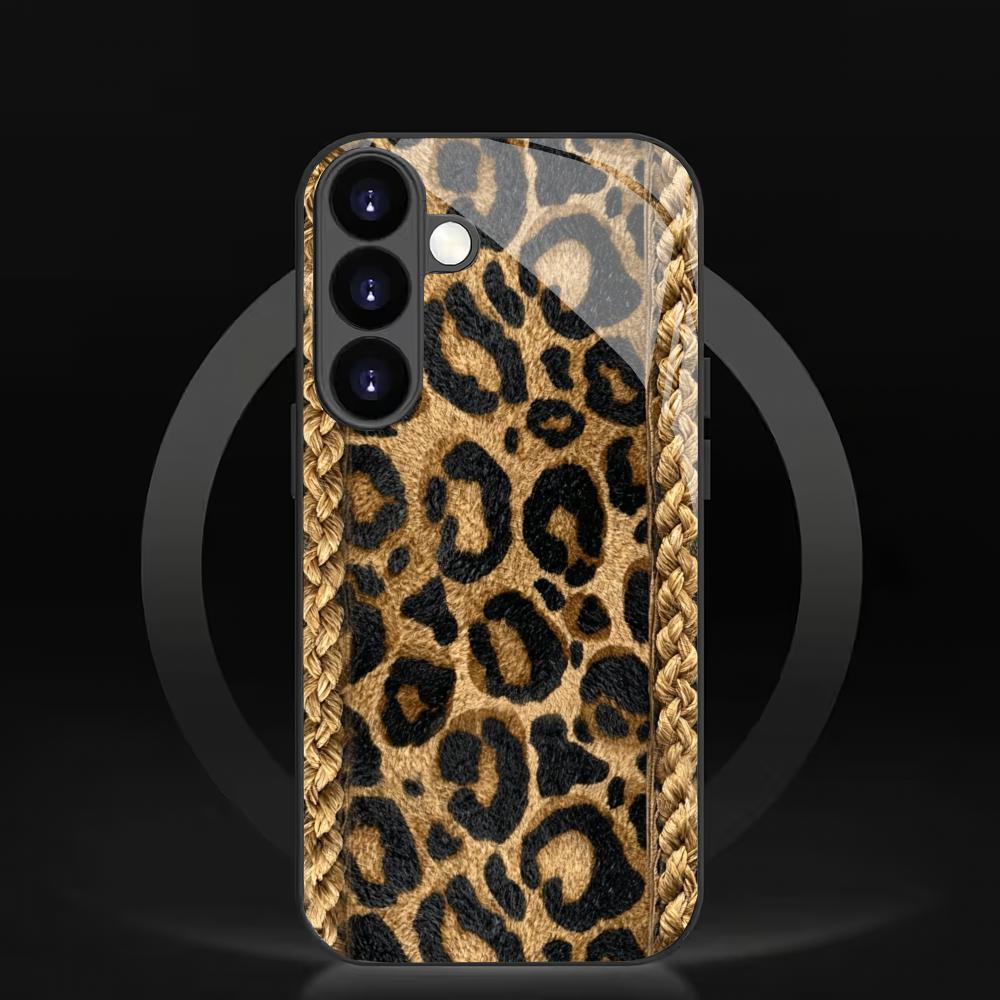 Leopard Pattern Black Glass Phone Case Suitable for Samsung Galaxy S26 S25 S24 S23 S22 S21 S20FE/Ultra/Plus Anti Drop Back Cover