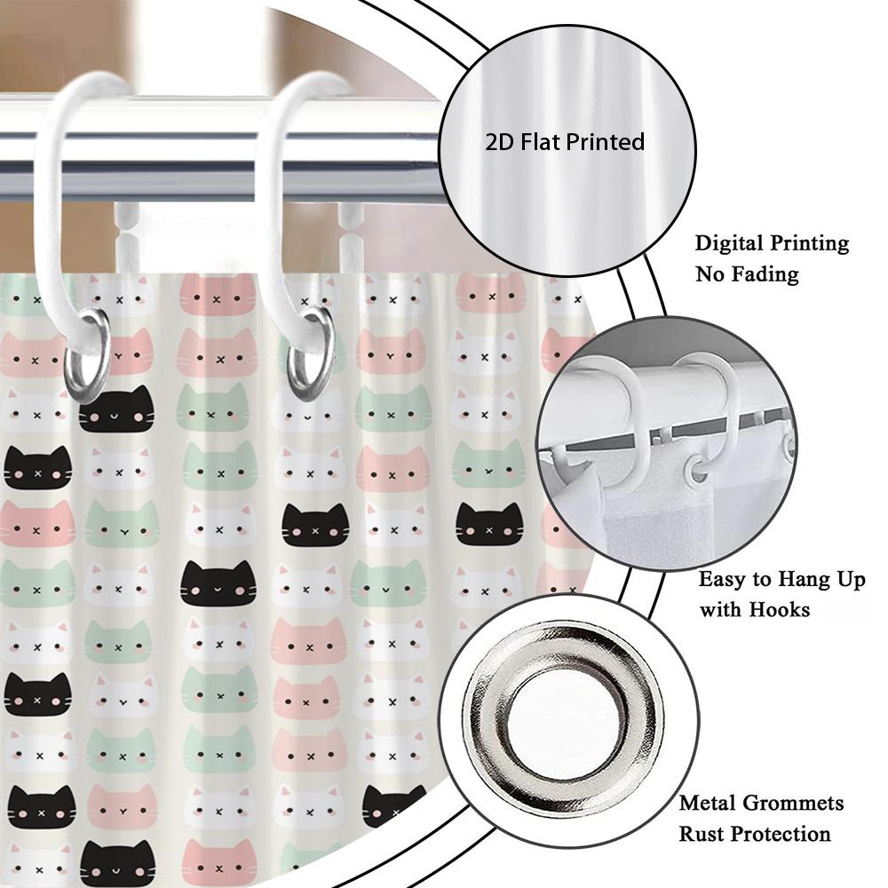 1Pc Cat Print Shower Curtain With Hooks, Machine Washable Polyester Material, Suitable For Bathroom Dcor.