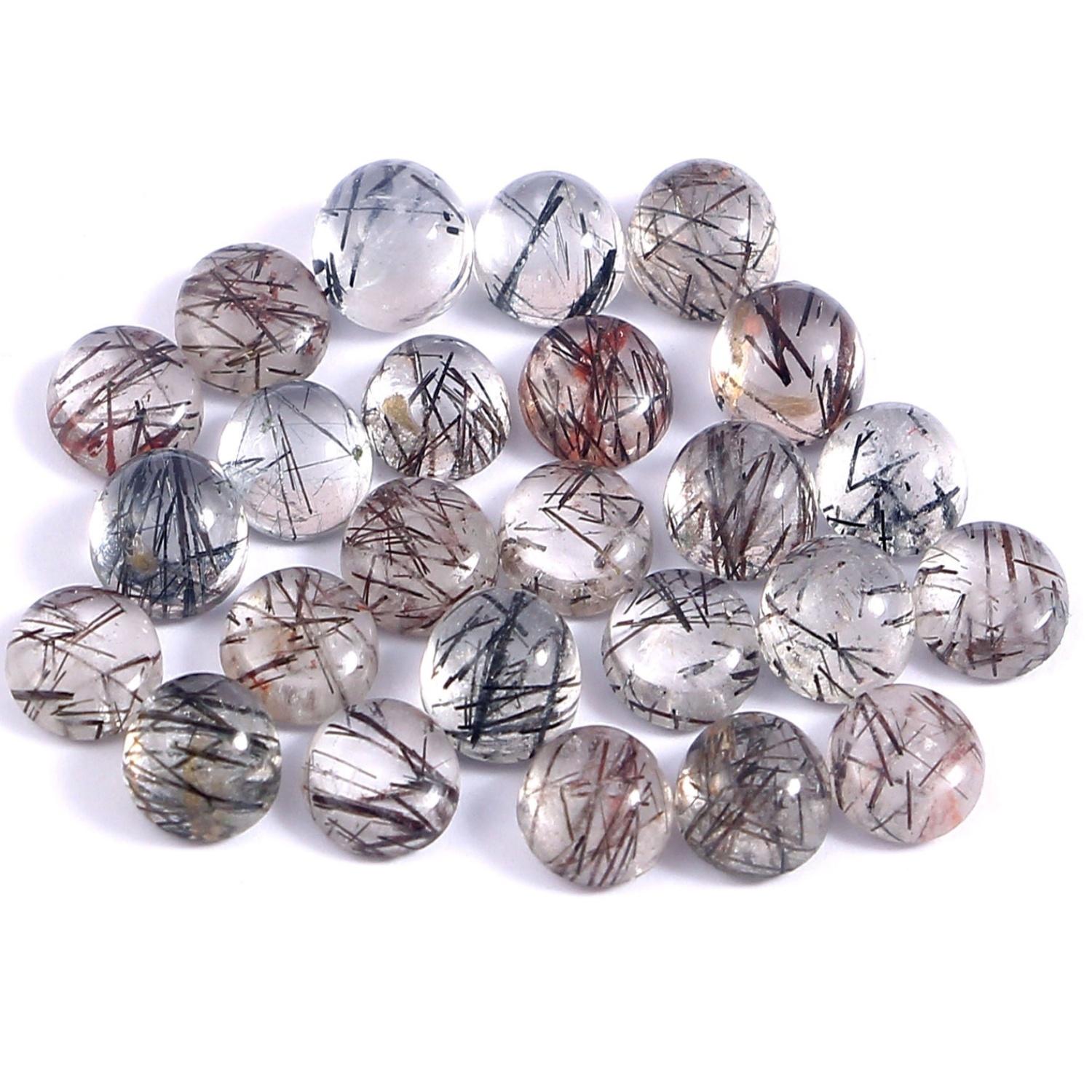 Natural Black Rutile Quartz Round Cabochon Gemstone | Rutilated Quartz Loose Stone for Jewelry Making 4mm