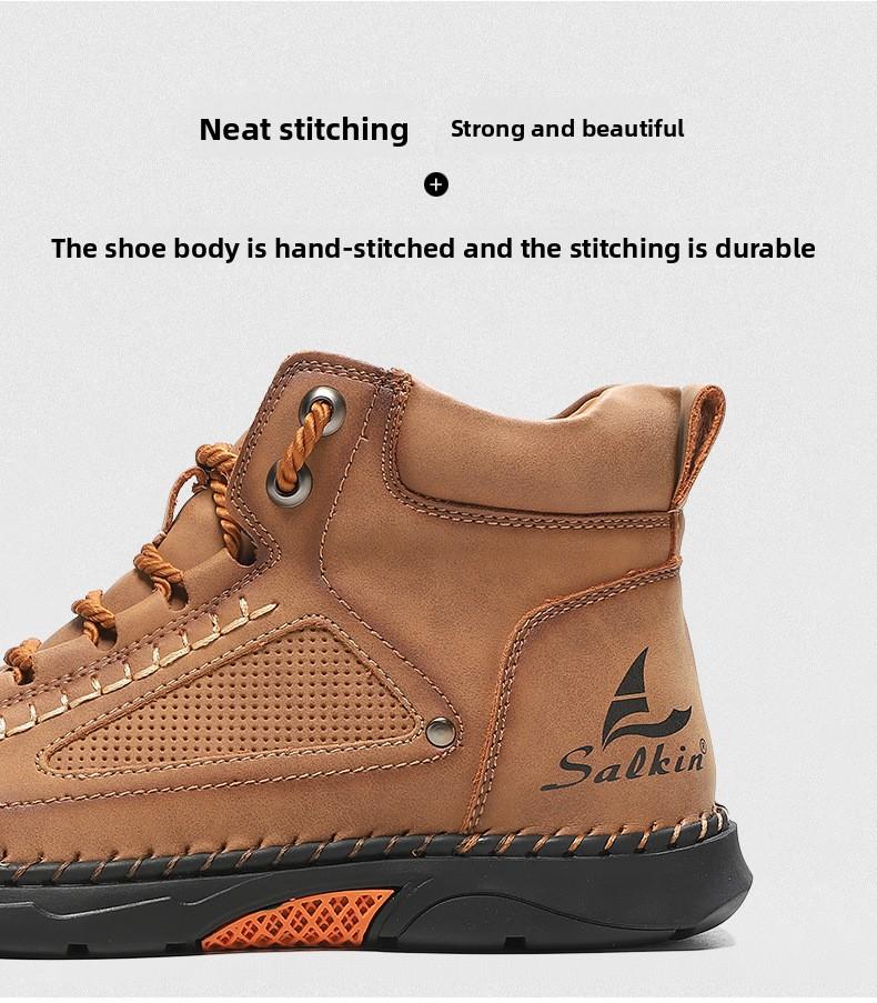 Large Size Men'S Pu Leather Boots, Men'S Fashion Hand-Stitched Ankle Boots Flat-Bottomed Lace-Up Casual Shoes