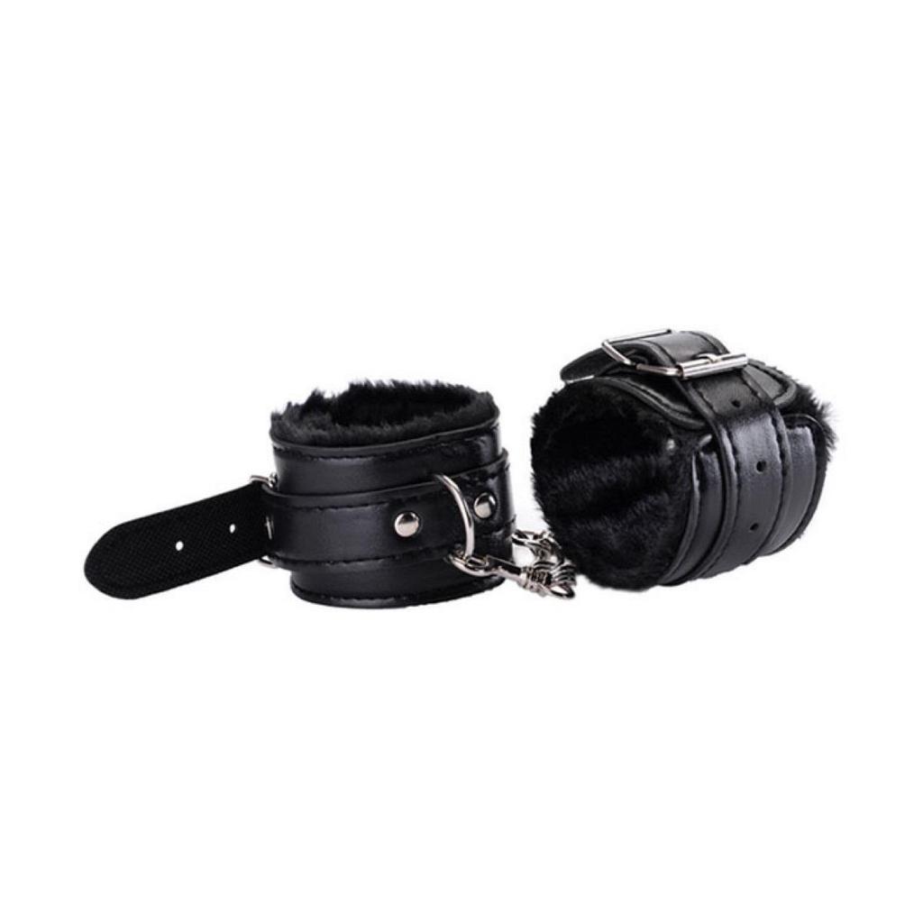 Fluffy Leather Bondage Set: Whip, Handcuffs, Gag, Eye Mask for Couples