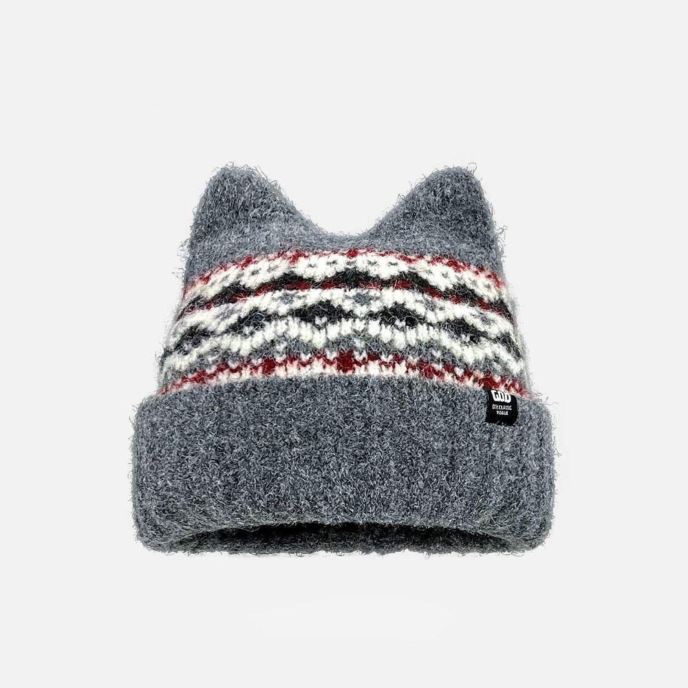 Fleece-lined Cat Ears Beanies Fair Isle Style Printing Knit Cap Cute Jacquard Knitted Hat  Winter