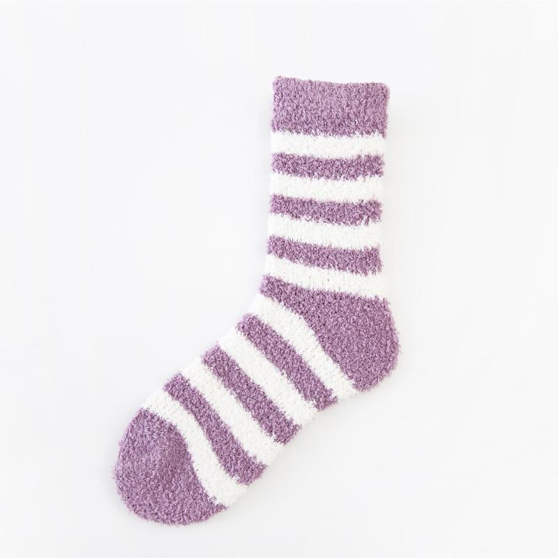 No hair loss sleep socks candy color striped coral fleece socks women's fleece thickened home floor socks