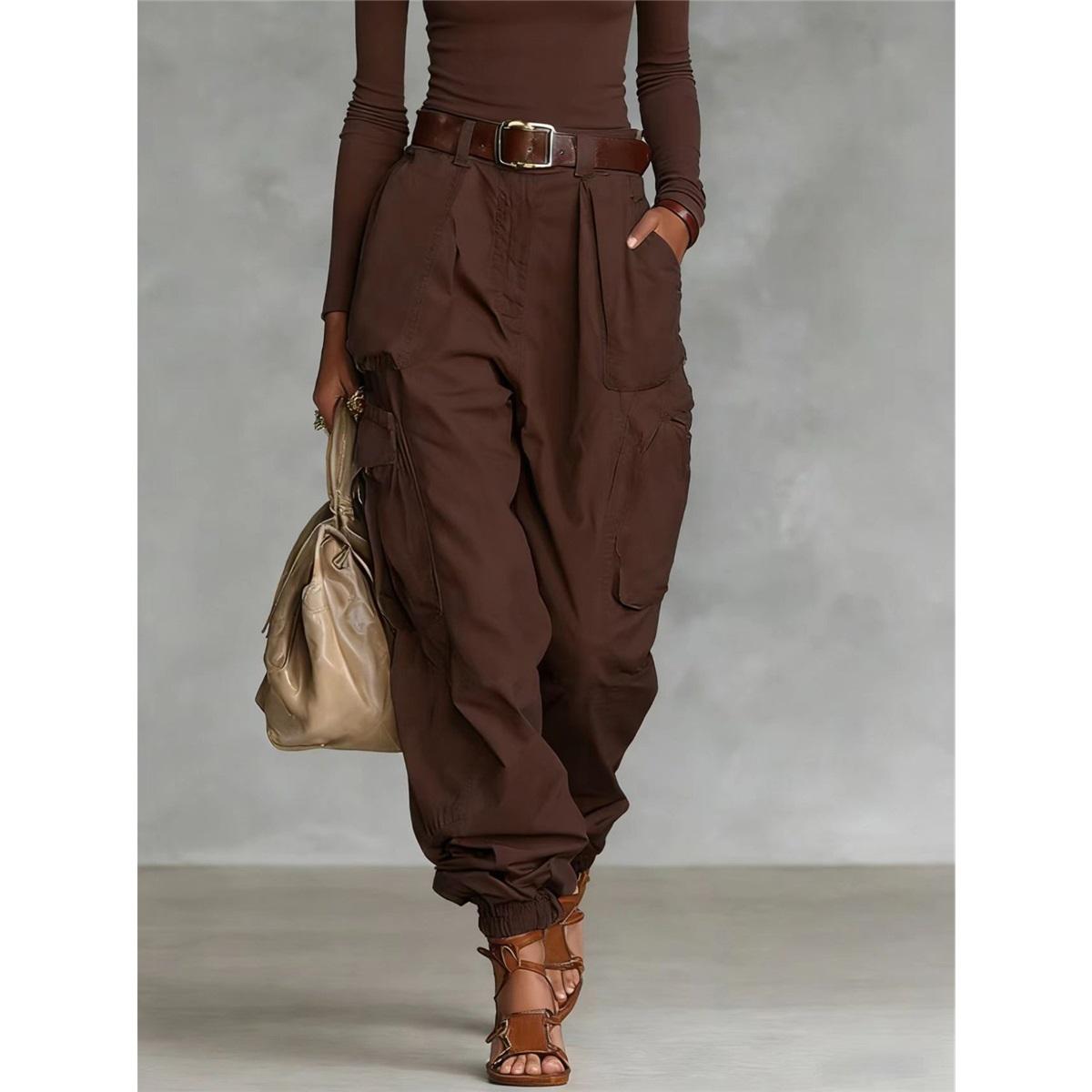 Pantalon cargo taille haute pour femme Multi-poches Pantalon ample Harem Cordon de serrage Cheville élastiquée Décontracté Streetwear XXL café