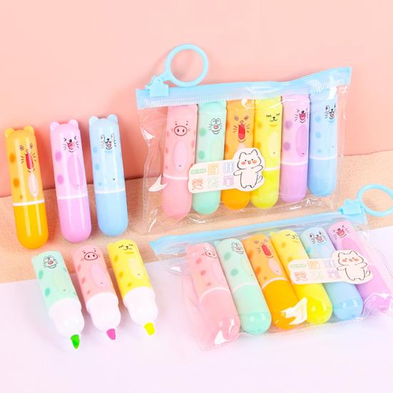 6Pcs Chisel Tip Highlighter Marker, Cute Marker Pen, Cartoon Macaron Highlighter No-Bleed Ink Markers for Journaling, Planners, and Office Documents
