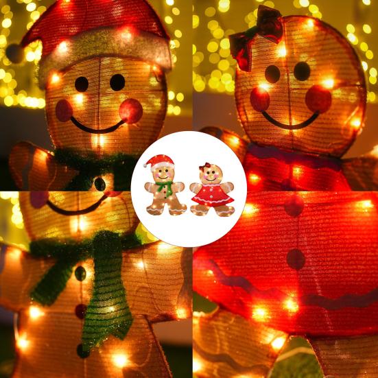2 Pcs Christmas Gingerbread Man Yard Sign Lighted Gingerbread Boy And Girl Sign with Stake for Outdoor Lawn Patio Garden Decor