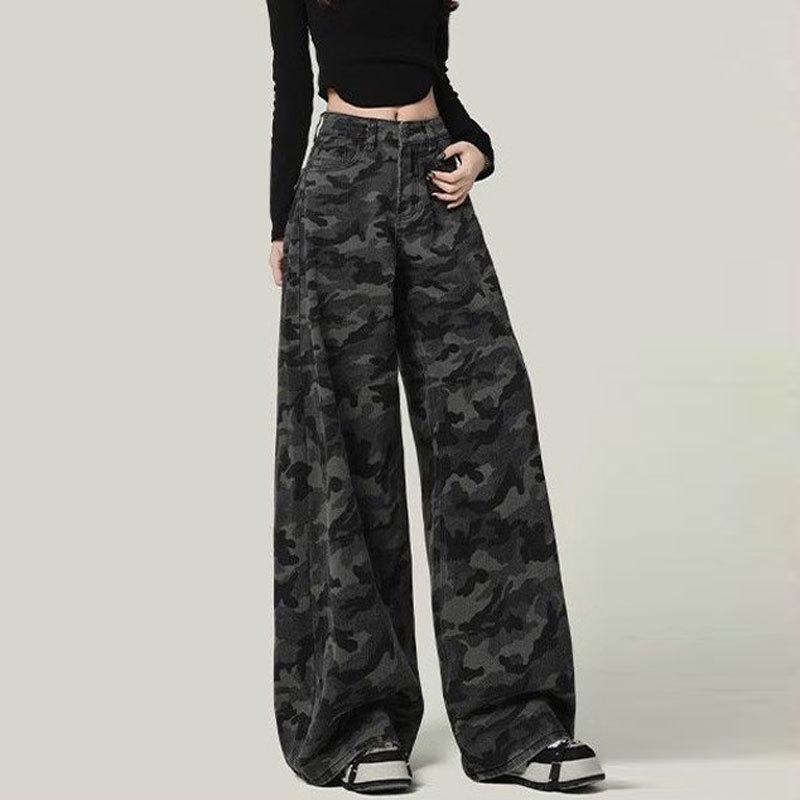 Plus Size High-Waisted Camouflage Wide-Leg Jeans for Women - Slimming, Flaw-Hiding, Straight Leg Pants