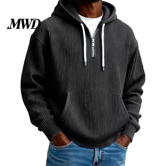 Versatile Mens Layering Pieces Men Hooded Sweatshirt, Quarter Zipper Long Sleeve Pullover Hoodie, Functional Outdoor Sports Gear Corduroy Sweatshirt M чёрный