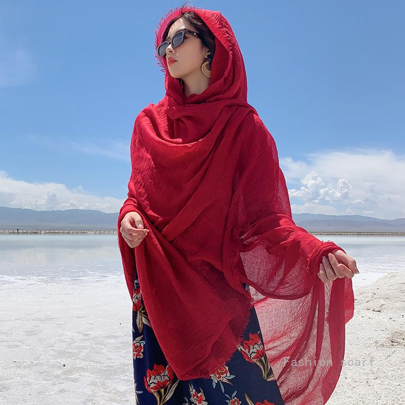 Big Red Po Cotton And Linen Scarf Desert Sunscreen Shawl Seaside Travel Beach Lady Decoration Cotton Scarf Women Luxury