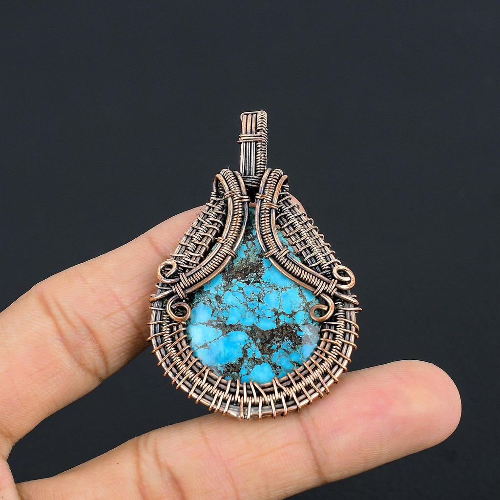 Tibetan Turquoise Pendant, 999 Copper Wire Wrapped Gemstone Jewelry, Handmade Pendant, For Thanksgiving