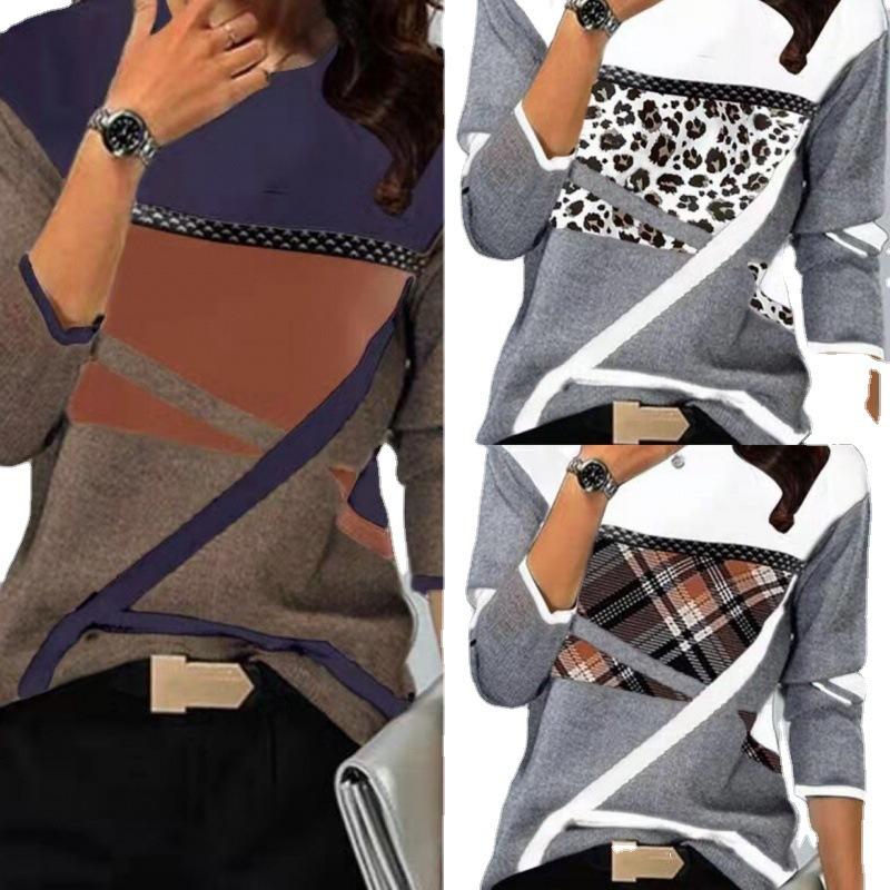 Women‘s Round Neck Long Sleeve Loose Fit T-Shirt Colorblock Print Plus Top