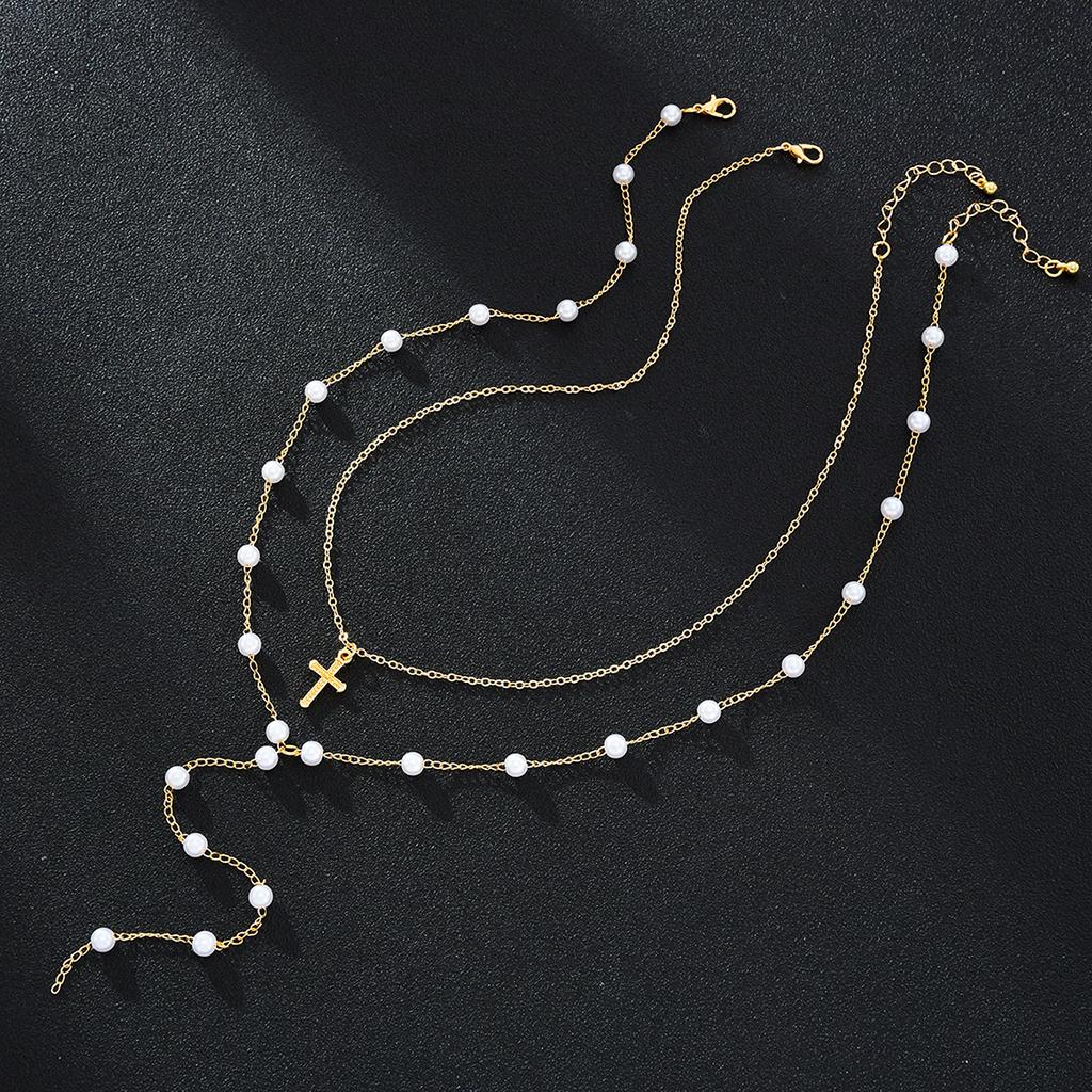 New 2Pcs/Set Cross Long Pearl Tassel Necklace for Women Simple Gold Color Multilayer Pendant Necklaces Set Fashion Party Jewelry