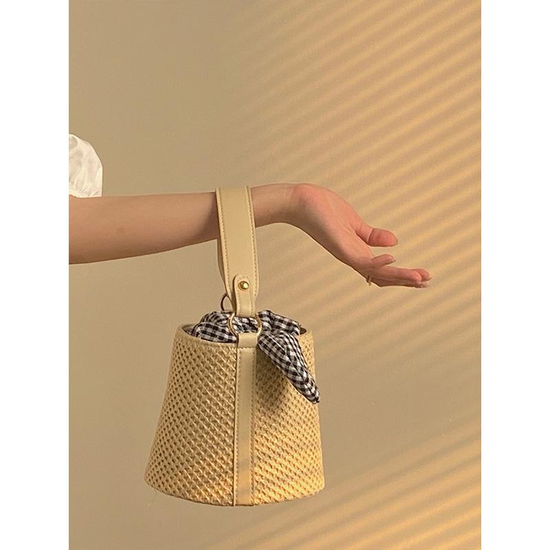 2025 Bow Plaid Straw Bucket Bag: Versatile Crossbody & Shoulder Handbag for Women