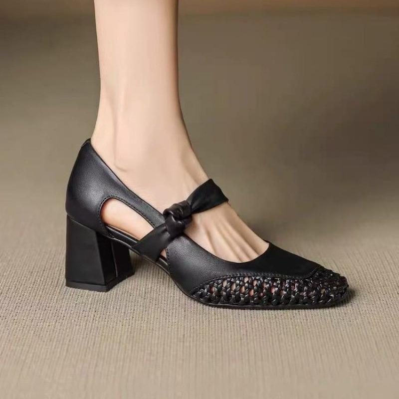 Fashion Beautiful 2025 Summer Block Heel Woven Hollow-out Baotou Sandals