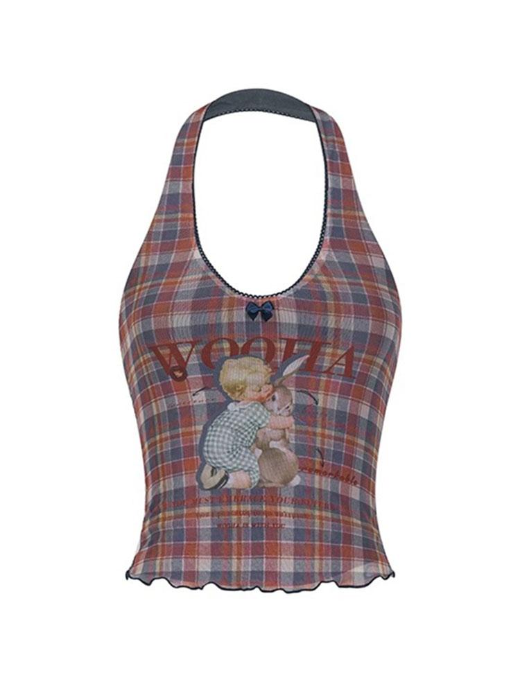 

Американский ретро жилет с мультяшным принтом в стиле гранж женский с открытыми плечами без рукавов винтажный сексуальный клетчатый топ на бретелях Y2K шикарный летний топ с лямкой на шее XL