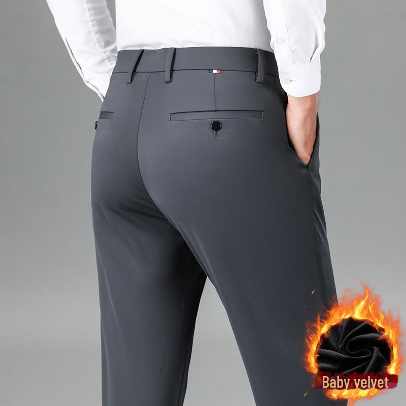 Men's Thickened Nylon Casual Pants - Milk Silk, High Elastic, Straight, Loose Business Trousers with Velvet Inside for Spring and Autumn.