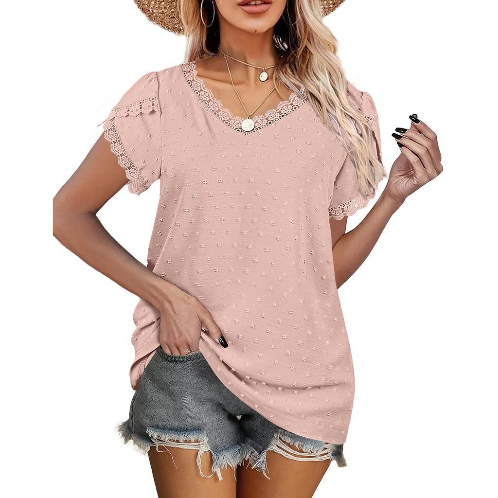 Ladies Casual Fashion Sexy Solid Color V-neck Pullover Comfortable Loose Short Sleeve Lace Sleeve Top