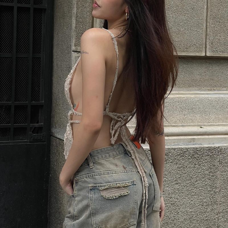 Super Sexy Sexy Lace Jacquard V Neck Bare Back Camisole Women's Autumn Fashion Vacation Lace up All-Match Tops